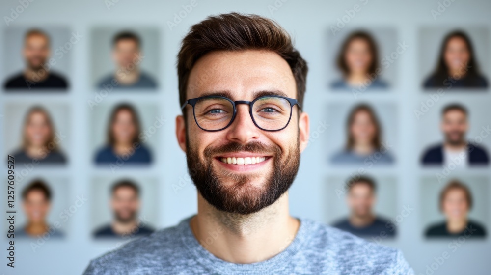 Obraz premium Man with Glasses Smiling in Front of Headshots