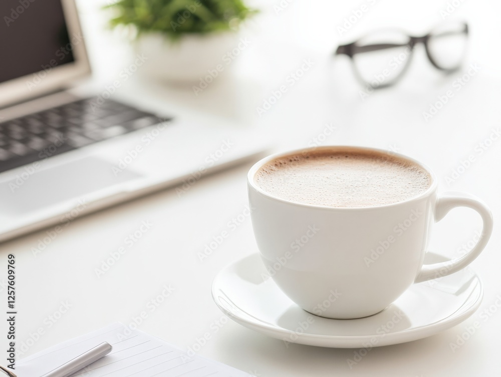 Coffee cup on a desk with laptop and glasses. Coffee cup on a desk with laptop and glasses.