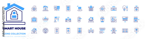 Smart house icon collection. Bold line style. Duotone colors. smart speaker, smart lock, lock, smarthome, domotics, curtain, wifi, speaker, intercom