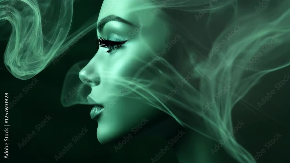 Elegant smoke flowing from woman's profile creating mystical atmosphere Elegant smoke flowing from woman's profile creating mystical atmosphere