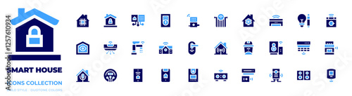 Smart house icon collection. Bold style. Duotone colors. smart home, home security, microphone, password, smartphone, air conditioner, robot vacuum, faucet