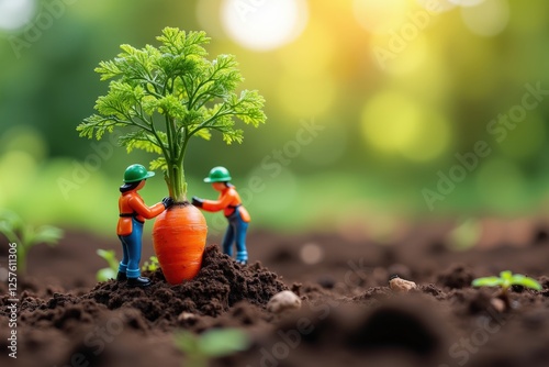 Miniature Gardeners in Action: Two Workers Cultivating a Vibrant Carrot in a Lush Greenfield Under a Soft Sunlight Glow photo