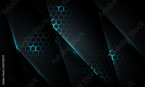 Dark hexagon gaming abstract vector background with blue colored bright flashes. Technology vector illustration