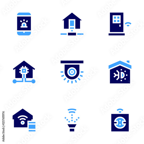 Smart house icon set. Bold style. Duotone colors. alert, smart home, smart door, air conditioner, socket, network, alarm, sprinkler