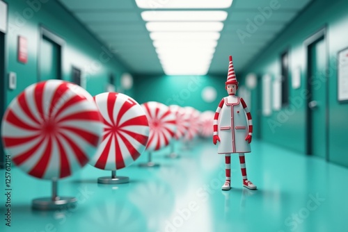 A Whimsical Scene Featuring a Striped Clown in a Colorful Hallway Surrounded by Giant Candy Swirls, Embracing a Playful and Surreal Atmosphere