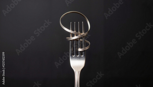 Elegant silver fork with looped tines on dark background, artistic symbolism