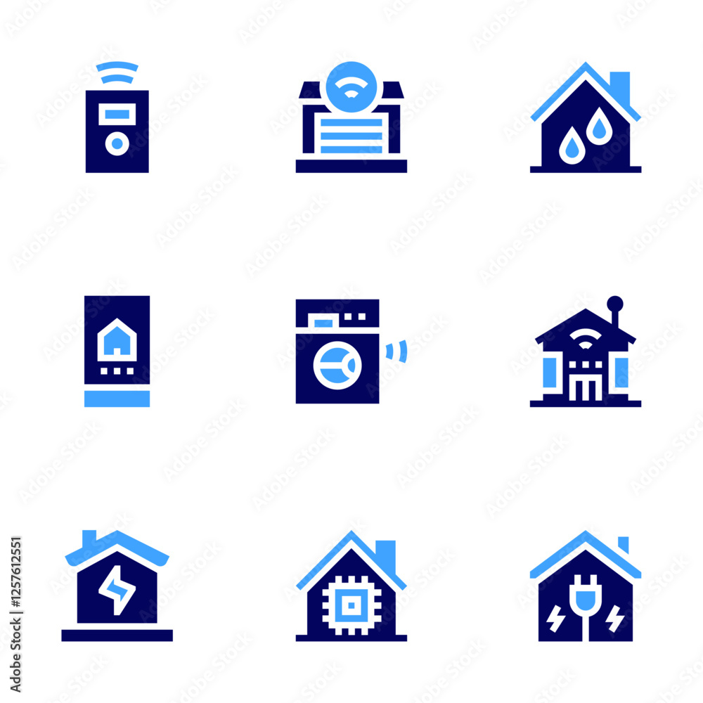 Smart house icon set. Bold style. Duotone colors. smart house, remote, electricity, smart home, garage, washing machine, cpu, humidifier Smart house icon set. Bold style. Duotone colors. smart house, remote, electricity, smart home, garage, washing machine, cpu, humidifier