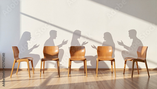 Engaging discussion shadows in empty meeting room, symbolic dialogue