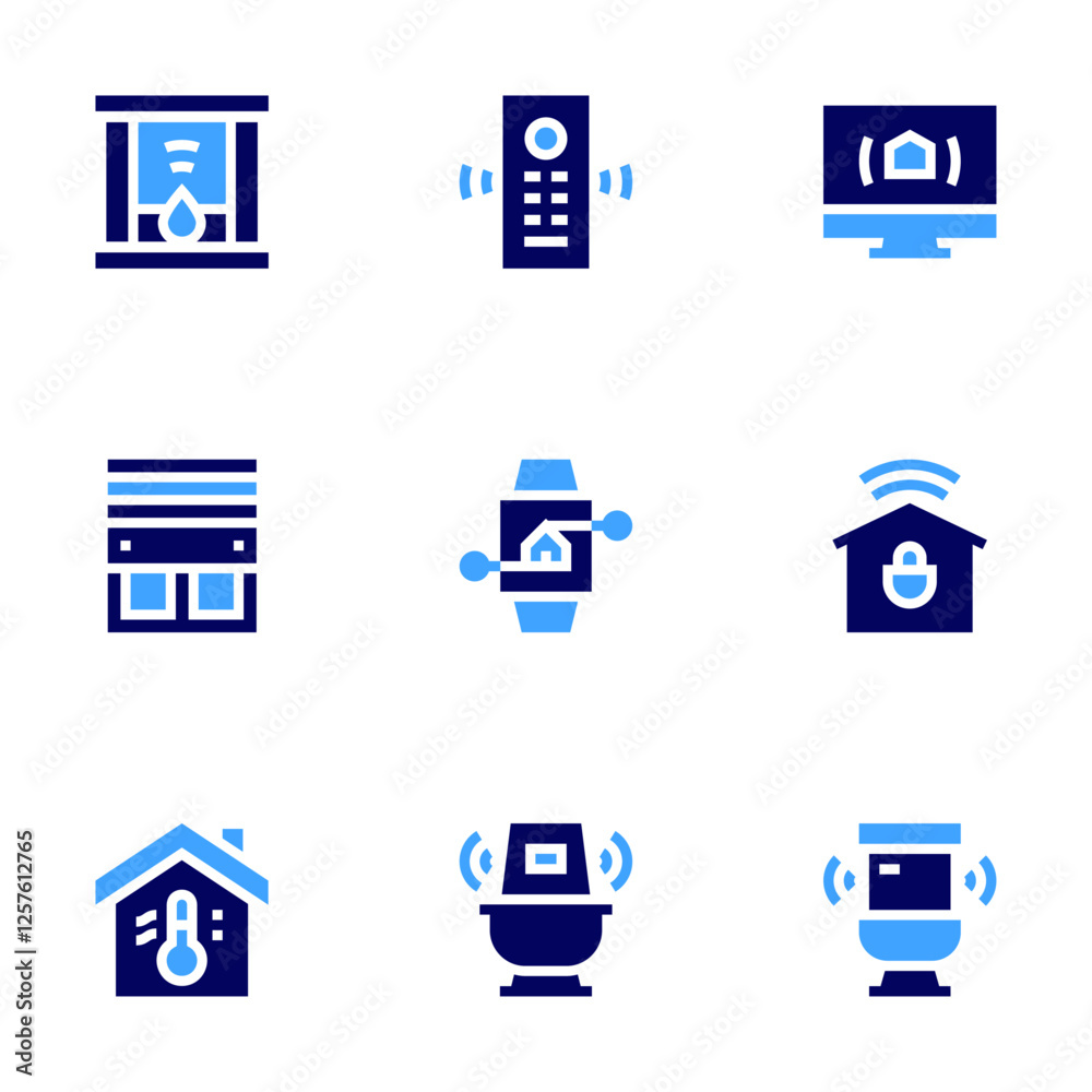 Smart house icon set. Bold style. Duotone colors. smartwatch, window, thermostat, toilet, pc, smartphone, fireplace, remote control Smart house icon set. Bold style. Duotone colors. smartwatch, window, thermostat, toilet, pc, smartphone, fireplace, remote control