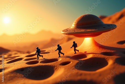 Exploring an Alien Landscape: Three Astronauts Encounter a Mysterious UFO on a Desert Planet Beneath a Stunning Sunset