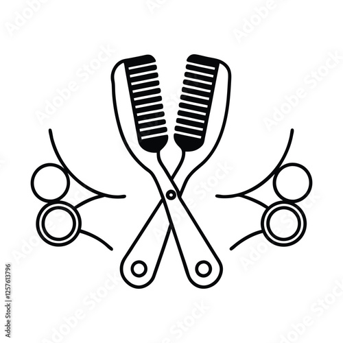 Stylized black and white icon of crossed combs and scissors with hair clips