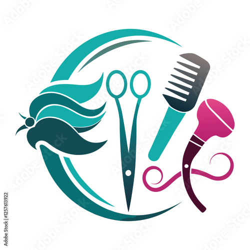Stylized hair salon logo with scissors comb and hair dryer