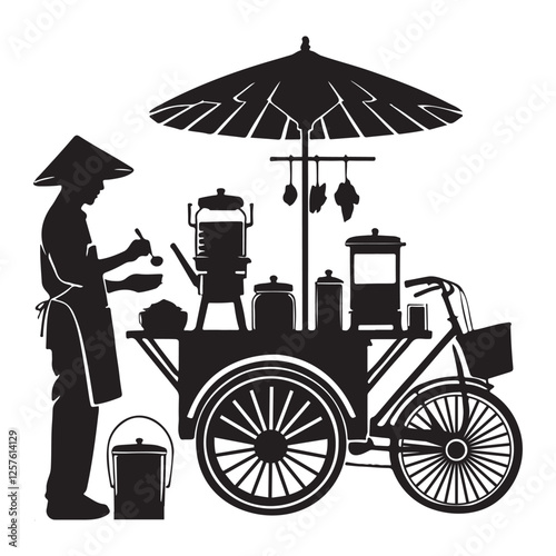 Food Cart Silhouette Illustration Street Vendor Preparing Asian Cuisine