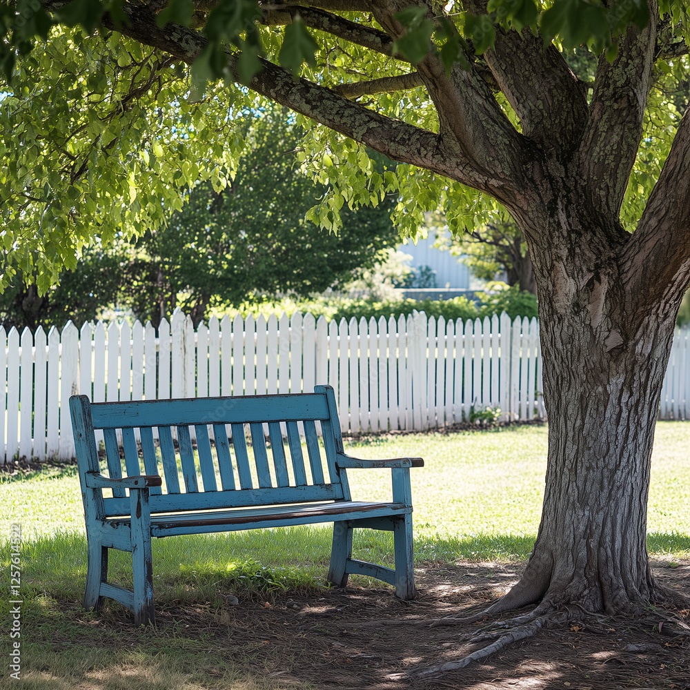 serene park bench under shady tree with white picket fence in background, perfect for relaxation and outdoor leisure, peaceful and inviting scene serene park bench under shady tree with white picket fence in background, perfect for relaxation and outdoor leisure, peaceful and inviting scene