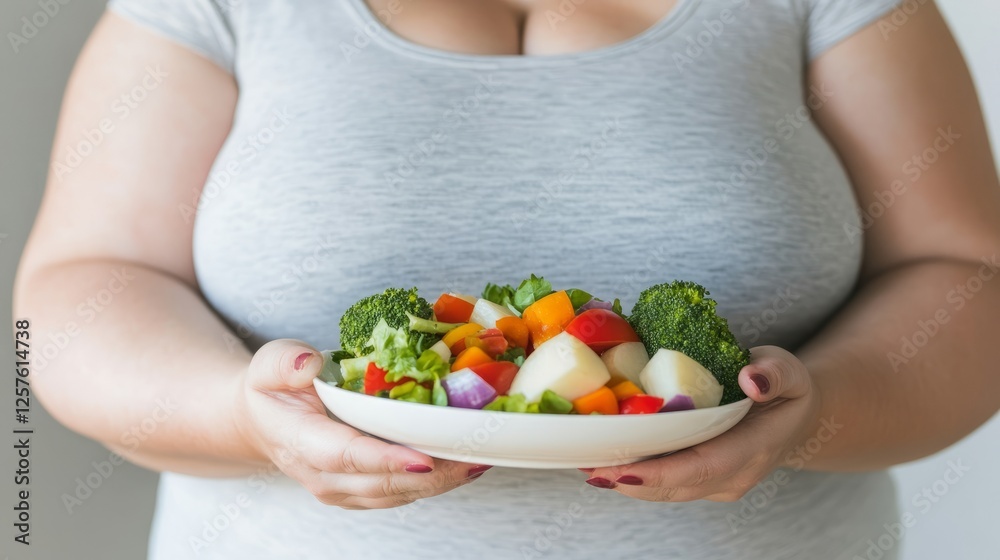 Woman Holding Fresh Colorful Salad Plate with Various Vegetables, Promoting Healthy Eating Lifestyle, Nutrition Awareness, and Wellness Journey at Home Woman Holding Fresh Colorful Salad Plate with Various Vegetables, Promoting Healthy Eating Lifestyle, Nutrition Awareness, and Wellness Journey at Home