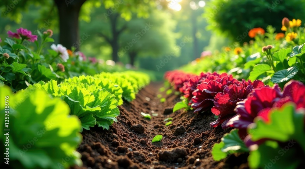 Vibrant rows of lush green and rich crimson flowers blooming in a sun-drenched garden path Vibrant rows of lush green and rich crimson flowers blooming in a sun-drenched garden path