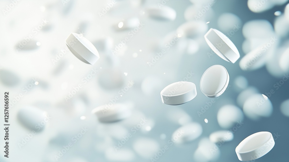 White pills floating in a soft focus background symbolize medicine and healthcare. White pills floating in a soft focus background symbolize medicine and healthcare.