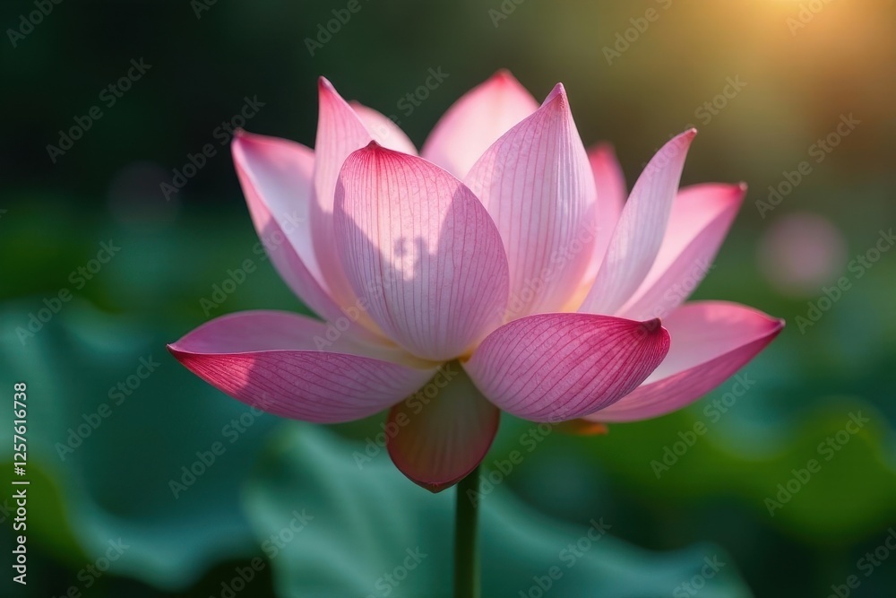 A Single Pink Lotus Flower Blossom Illuminated by Warm Sunlight, Delicate Petals Unfurling in a Serene Garden Setting A Single Pink Lotus Flower Blossom Illuminated by Warm Sunlight, Delicate Petals Unfurling in a Serene Garden Setting