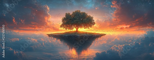 A spellbinding, surreal landscape of floating islands, glowing plants, and mystical creatures, presented in breathtaking photorealism, with a dreamlike quality photo