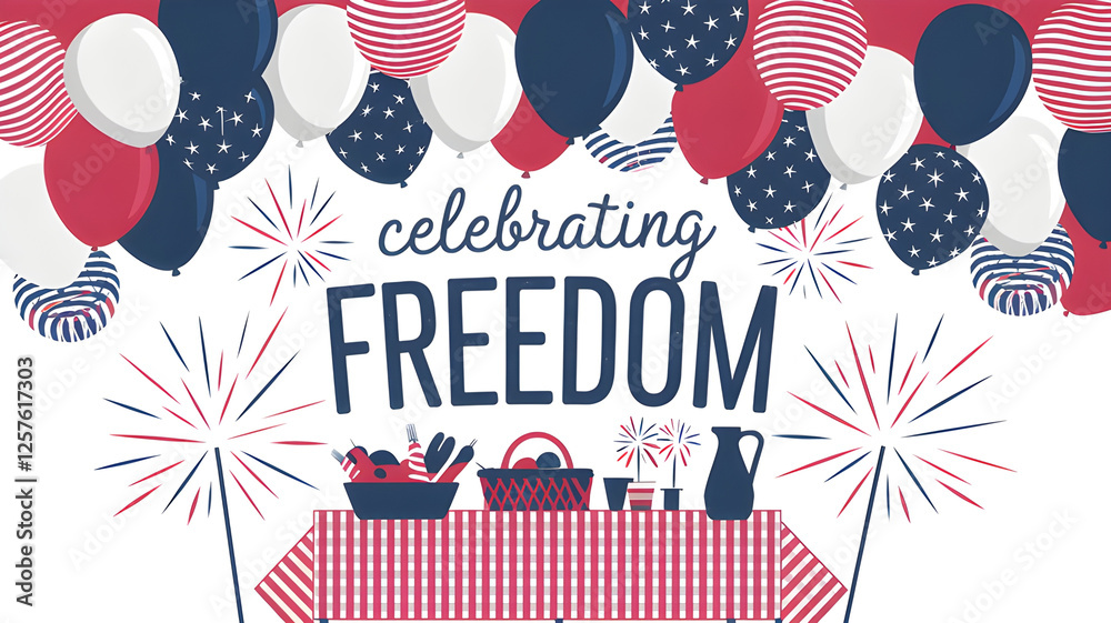 Obraz premium Lively Design with an Assortment of Red, White, and Blue Balloons Floating Above a Picnic Table, Surrounded by Sparklers, and the Words 'Celebrating Freedom' in Bold, Festive Letters with Decorative 