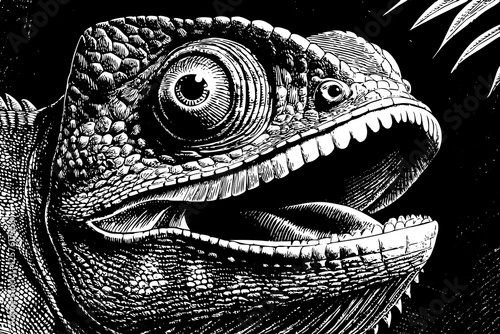 funny chameleon close up black and white hand drawn sketch