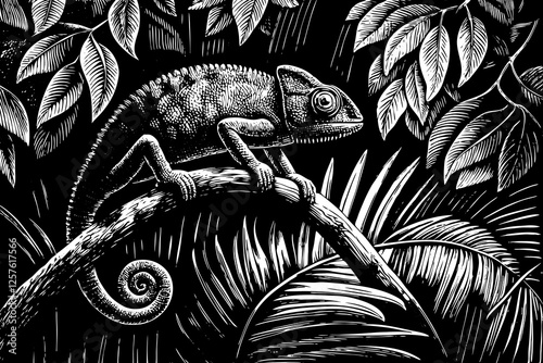 funny chameleon close up black and white hand drawn sketch