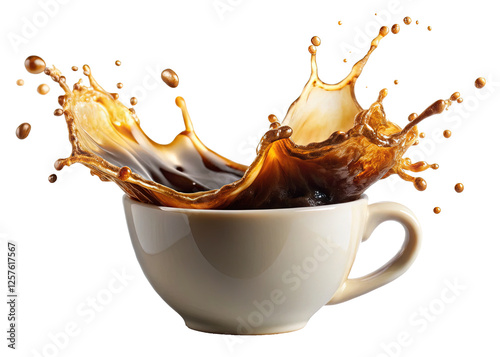 Coffee splash in a white cup on black isolated on transparent background - Dynamic image of coffee splashing out of a white cup with a dark background, capturing an action shot of liquid motion.