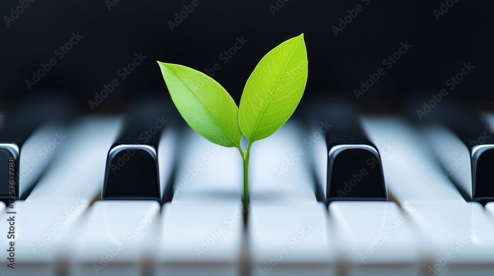 A green leaf growing out of a piano keyboard