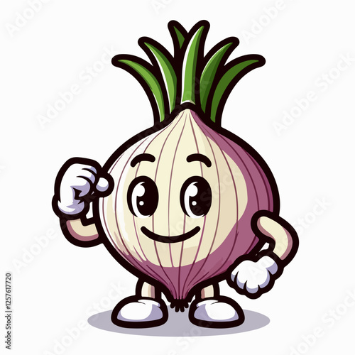 Onion Character: A cute and cheerful cartoon onion character with arms, legs, and a friendly smile, standing confidently with its hands on its hips. Perfect for cooking blogs, children's books.