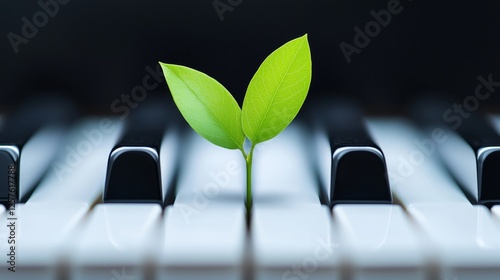 Obraz na płótnie A green leaf growing out of a piano keyboard w salonie