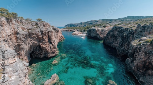 Mediterranean cove, turquoise water, rocky cliffs, boats, sunny day