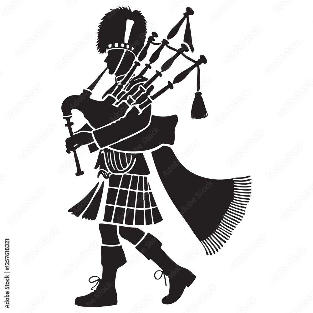 Silhouette of a scottish bagpiper wearing kilt playing pipes illustration