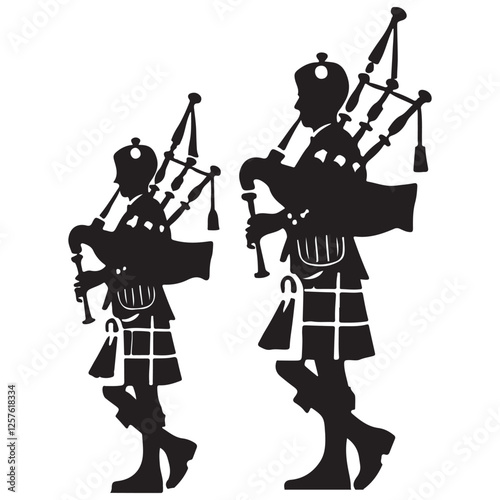 Bagpiper Silhouette Playing Music Scottish Highland Vector Art