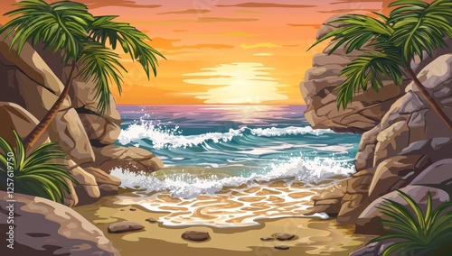 At the end of the day, a tropical beach stretches out, the ocean sparkling with light, the sand reflecting the setting sun, and the horizon blending seamlessly into the sky