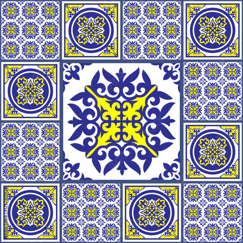 Azulejos portugal. Talavera pattern. Moroccan tile mosaic. Spanish porcelain. Turkish ornament. Ceramic tableware, folk print. Spanish pottery. Ethnic background. Mediterranean seamless wallpaper