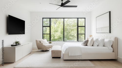 Modern Minimalist Bedroom Design with Large Windows, Soft Lighting, Neutral Colors, Comfortable Bed, Cozy Armchair, and Sleek Furniture