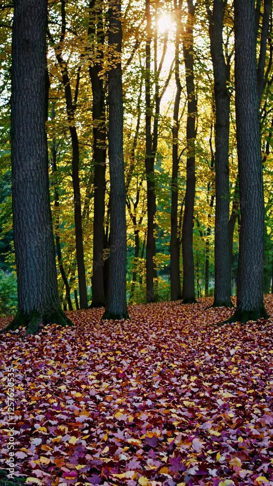 Vertical video of a serene forest in autumn, with sunlight filtering through tall trees and a carpet of colorful leaves, captured from a low angle. Mobile wallpaper size. Vertical video of a serene forest in autumn, with sunlight filtering through tall trees and a carpet of colorful leaves, captured from a low angle. Mobile wallpaper size.