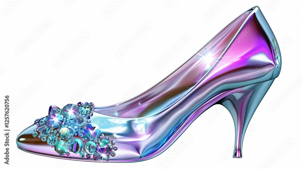 Naklejka premium A designer high-heel shoe with crystal embellishments and an elegant pointed toe, isolated on white. The glossy finish and sophisticated curves showcase premium fashion.