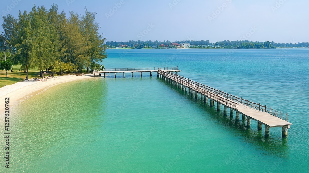 Tropical beach pier, turquoise water, sunny day, island view Tropical beach pier, turquoise water, sunny day, island view