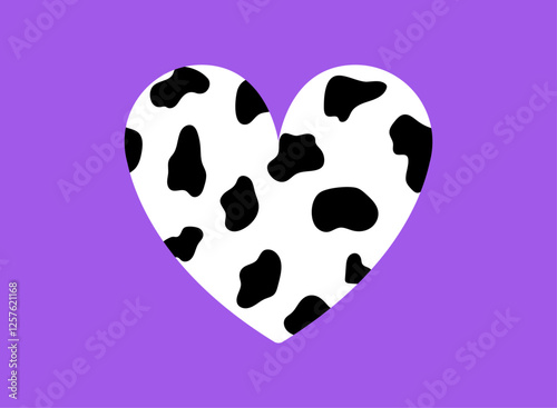 Heart shape with dalmatian pattern, modern design. Simple love element with black and white cow spots on purple background.