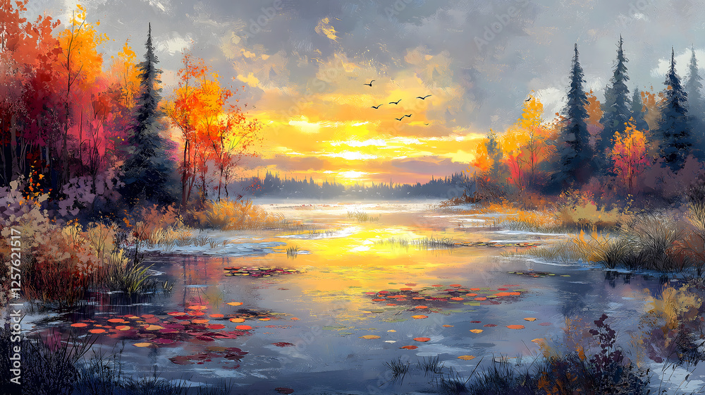 Fototapeta premium A stunning digital-painted autumn landscape at sunset. A calm body of water reflects the golden hues of the setting sun, surrounded by trees ablaze with red, orange, and yellow foliage.