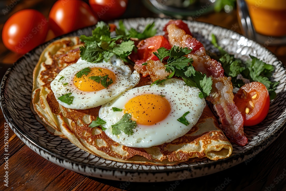 Breakfast dishes with delicious flavors and bacon. A delicious breakfast plate with eggs, bacon, and fresh vegetables. Breakfast dishes with delicious flavors and bacon. A delicious breakfast plate with eggs, bacon, and fresh vegetables.