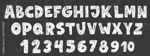 Crayon kids font, doodle funny playful alphabet. Hand drawn scribble kid typescript numbers. School wax crayon abc cute kindergarten handwriting playful letters, digits. Vector pencil children font.