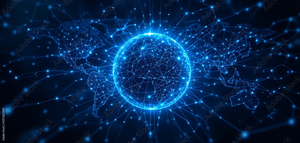 Obraz premium Connected World: A Global Network Visualization with Luminous Nodes and Lines