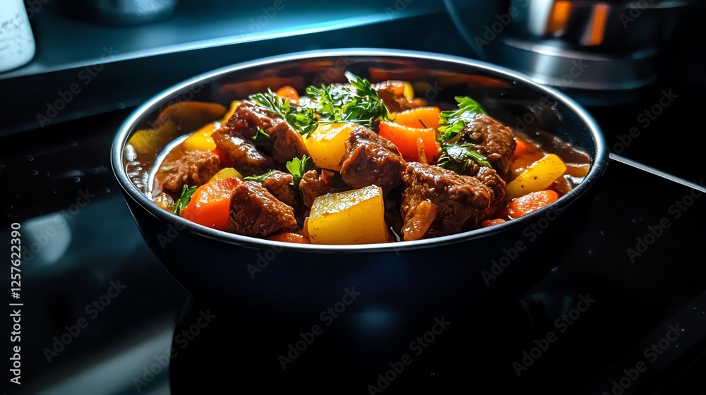 A vibrant bowl of hearty beef stew filled with colorful vegetables and garnished with fresh herbs, perfect for warming meals and inviting gatherings. A vibrant bowl of hearty beef stew filled with colorful vegetables and garnished with fresh herbs, perfect for warming meals and inviting gatherings.