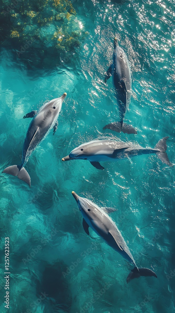 Fototapeta premium Dolphins swimming gracefully in clear water.