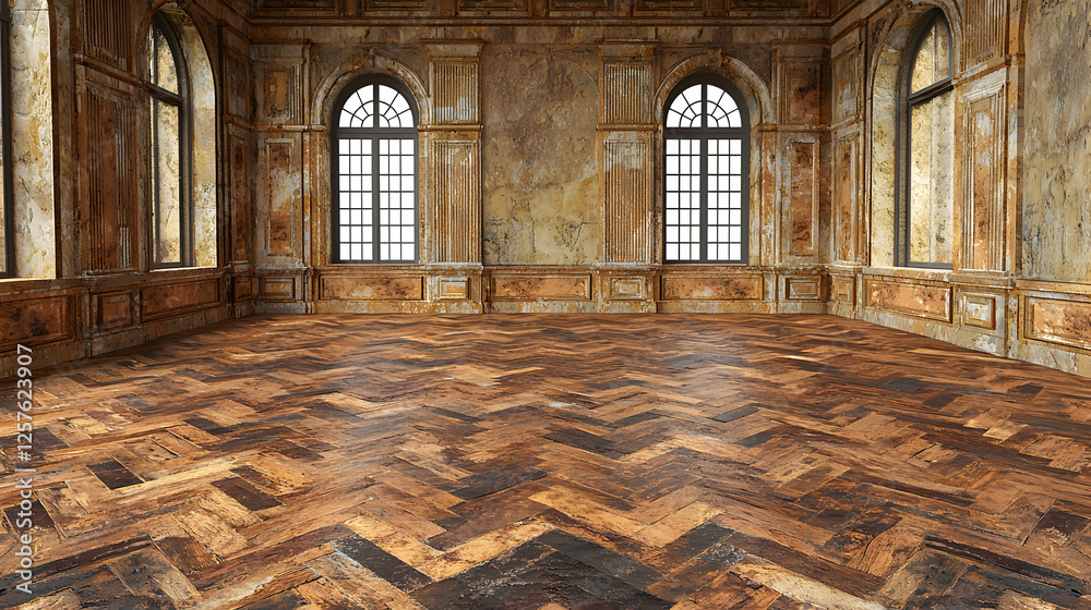 Obraz premium Grand hall, parquet floor, arched windows, aged walls, interior design