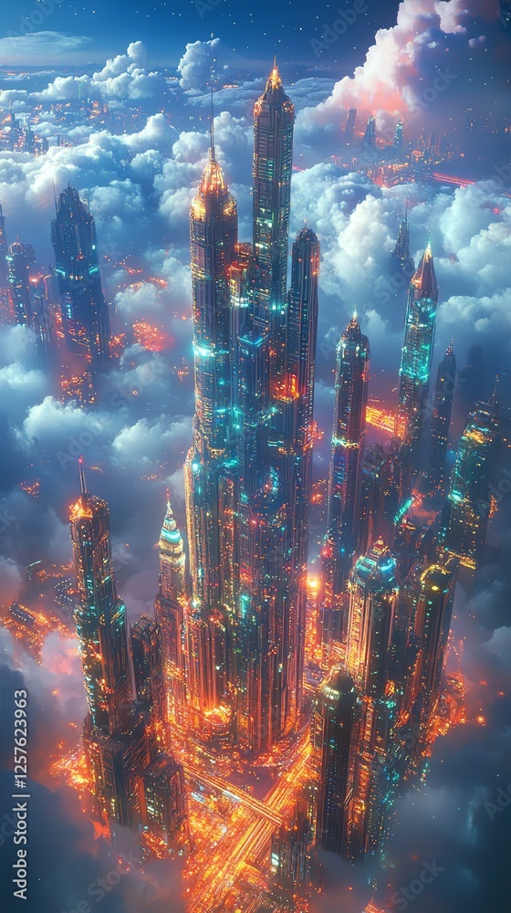 Visually stunning futuristic cityscape in clouds Visually stunning futuristic cityscape in clouds