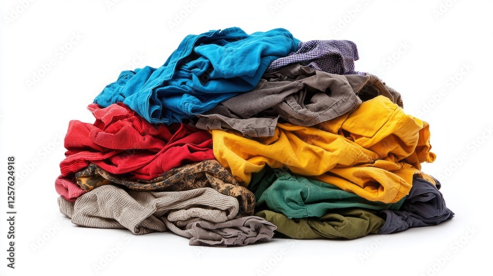 An unruly stack of dirty clothing in various colors, haphazardly arranged, stands out against an immaculate white backdrop, patiently awaiting its turn for washing and care An unruly stack of dirty clothing in various colors, haphazardly arranged, stands out against an immaculate white backdrop, patiently awaiting its turn for washing and care