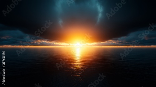 A sunset over the ocean with dark clouds in the sky